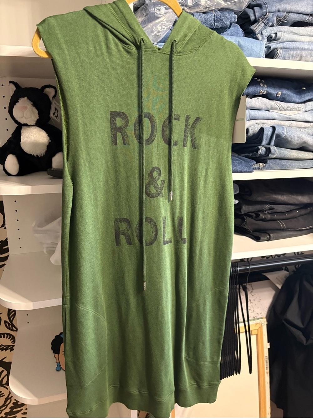 NWT Sleeveless Hooded Tunic Dress with 'Rock & Roll' Print - Olive Green